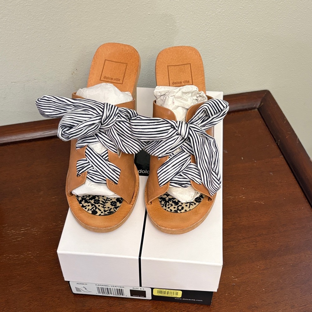 Dolce Vita Amber Tan Slides with Striped Bow